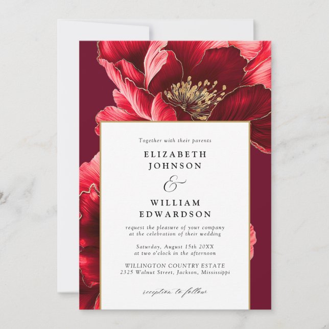 Invitation Moderne Élégant Rouge Et Or Floral Chic Mariage (Devant)