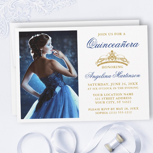 Invitation Moderne Elégant Royal Blue Gold Crown Quinceanera (Customize to change text size, style, color or to add text or more photos to back of card.)