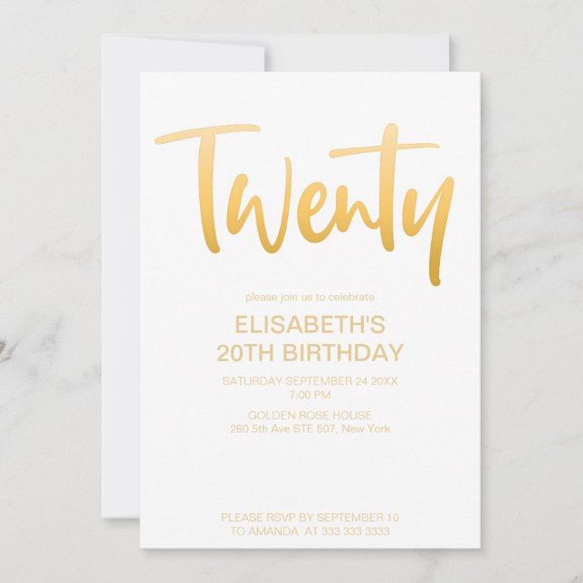 Invitation Moderne Elégant Simple Blanc 20 Anniversaire (Devant)