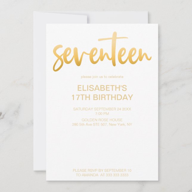 Invitation Moderne Elégant Simple Blanc/Or 17 Anniversaire (Devant)