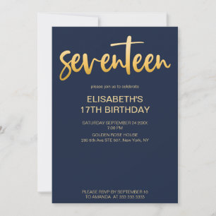 Invitation Moderne Élégant Simple Bleu Marine 17 Anniversaire