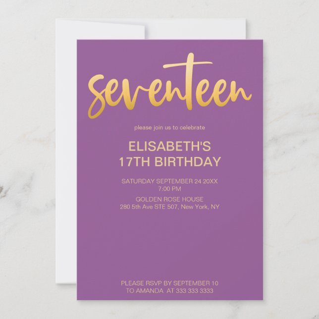 Invitation Moderne Élégant Simple Purple 17 Anniversaire (Devant)