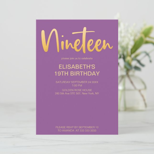 Invitation Moderne Élégant Simple Purple 19 Anniversaire (Debout devant)