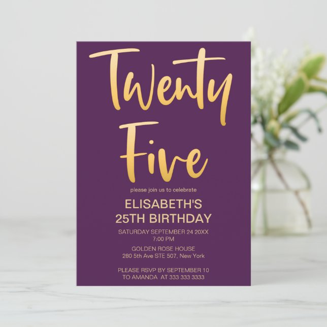 Invitation Moderne Elégant Simple Purple 25E Anniversaire Fêt (Debout devant)