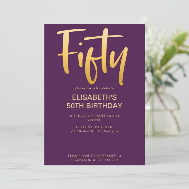 Invitation Moderne Elégant Simple Purple 50e fête d'anniversa (Debout devant)
