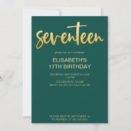 Invitation Moderne Élégant Simple Vert/Or 17 Anniversaire