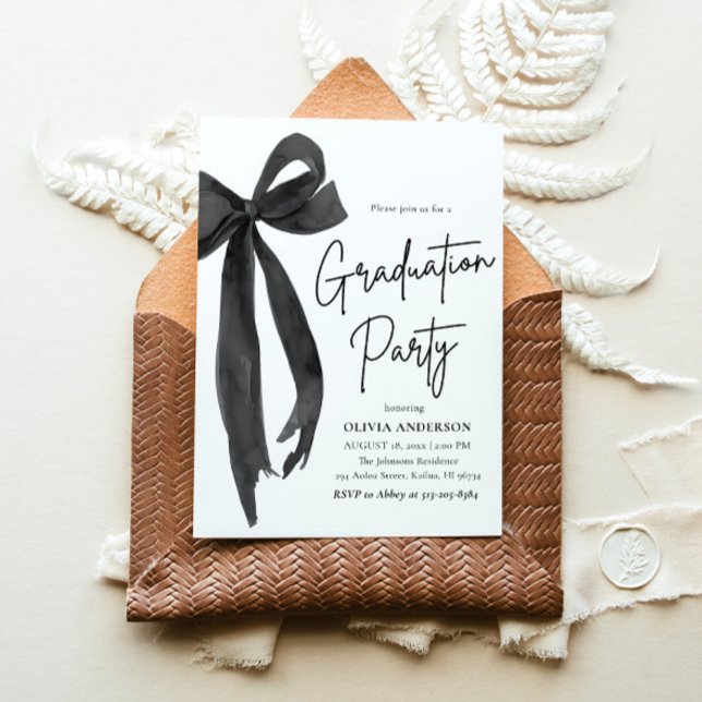 Invitation Moderne Elégant tendance Stylish Black Bow Graduat (Watercolor Modern Elegant Trendy Stylish Ribbon Black Bow Coquette Grad Party Graduation Invitation)