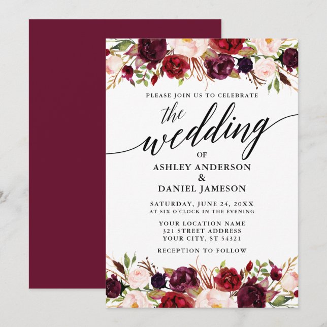 Invitation Moderne Élégante calligraphie Bourgogne Mariage fl (Devant / Derrière)
