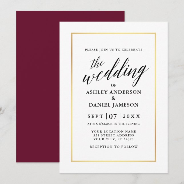 Invitation Moderne Élégante calligraphie Mariage Bourgogne Or (Devant / Derrière)