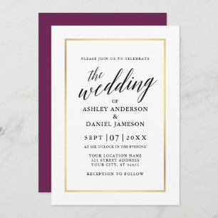 Invitation Moderne Elégante Calligraphie Mariage Cassis Gold