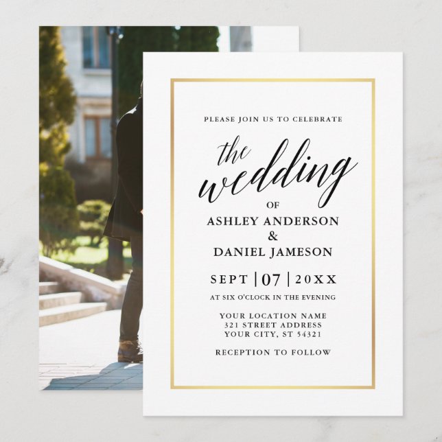Invitation Moderne Élégante calligraphie Mariage Gold Photo R (Devant / Derrière)