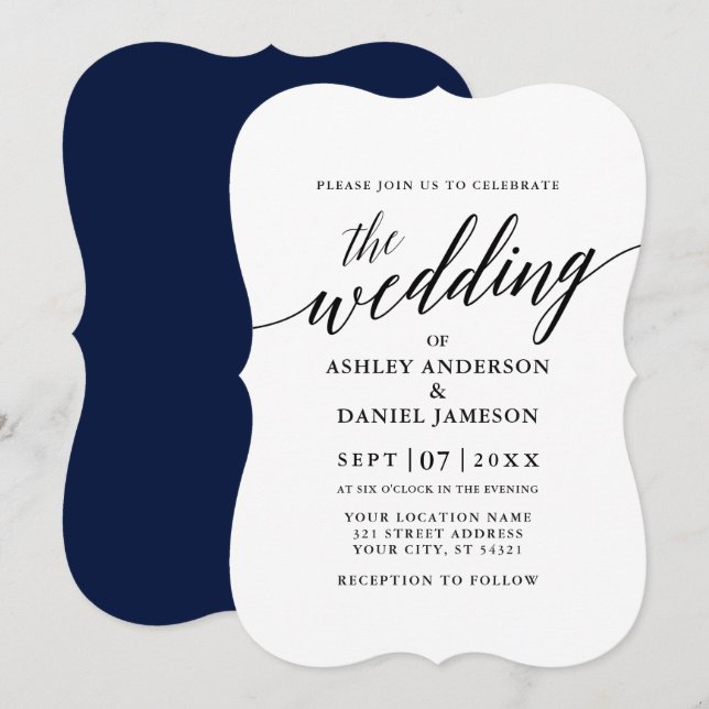 Invitation Moderne Elégante Calligraphie Mariage Marine Bleu (Devant / Derrière)