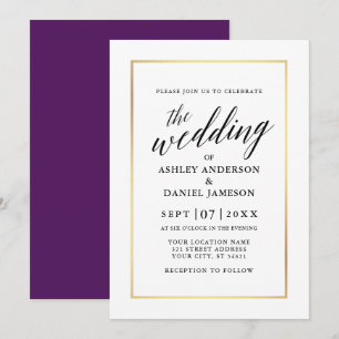 Invitation Moderne Élégante calligraphie Mariage Purple Gold