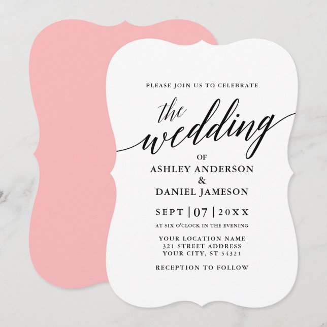 Invitation Moderne Élégante calligraphie Mariage rose retour (Devant / Derrière)