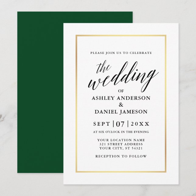 Invitation Moderne Élégante calligraphie Mariage Vert Or (Devant / Derrière)