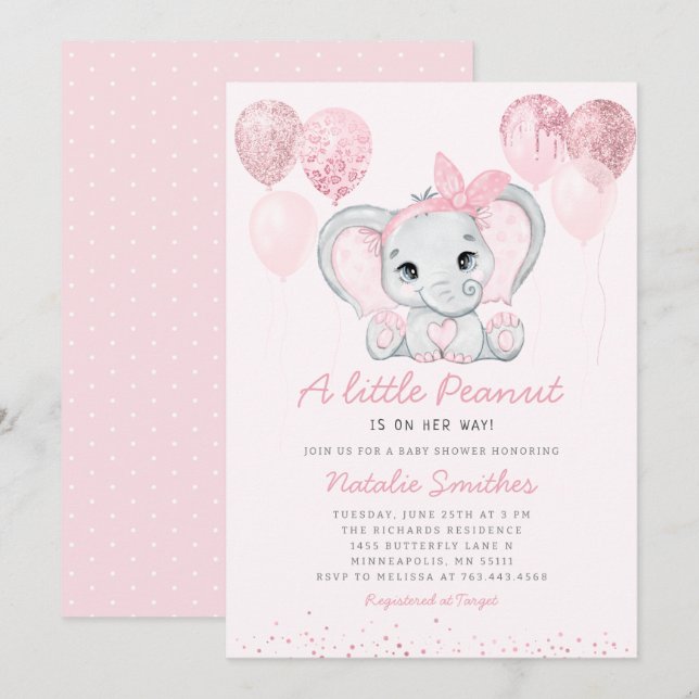 Invitation Moderne Eléphant Eléphant Fille Ballons Baby showe (Devant / Derrière)