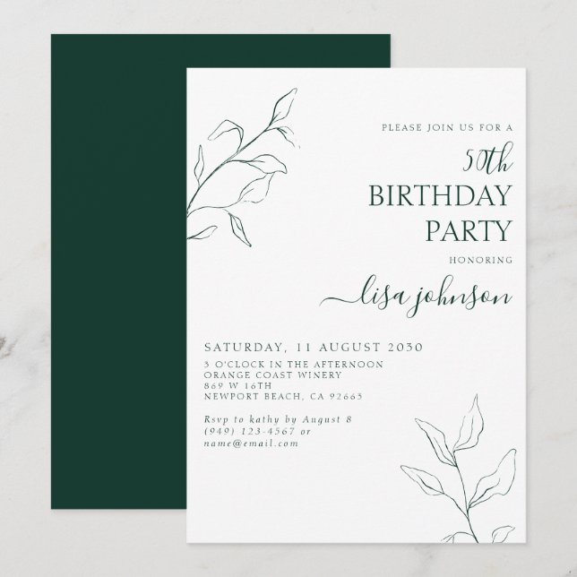 Invitation Moderne Emerald Green Botanical 50e anniversaire (Devant / Derrière)