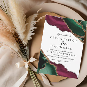 Invitation Moderne Emerald Green Burgundy Agate Mariage