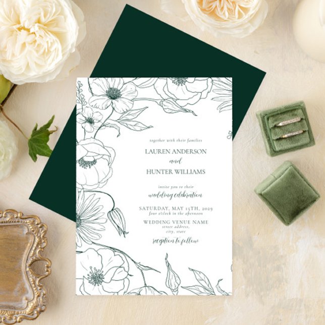 Invitation Moderne Emerald Green Line Art Floral Mariage (Créateur téléchargé)