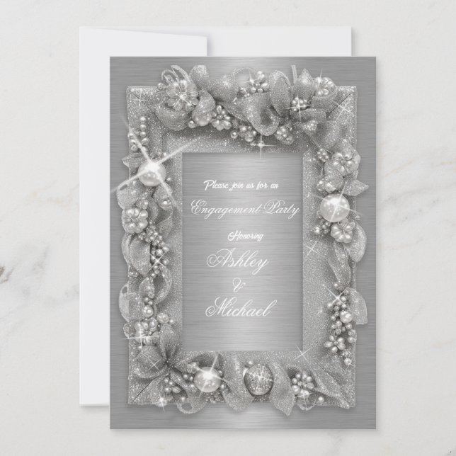 Invitation moderne engagement chic feuille d'argent perle (Devant)