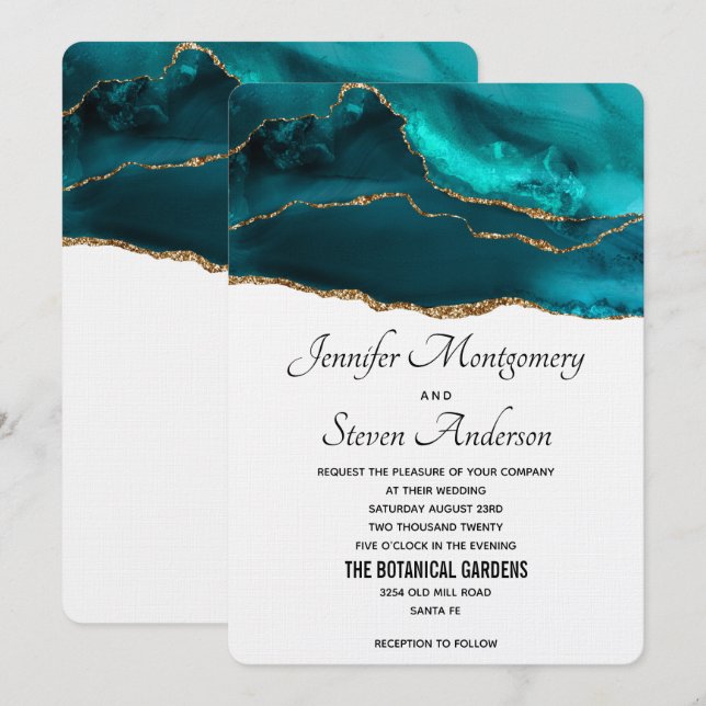 Invitation Moderne et élégant Turquoise Or & Blanc Agate Mari (Devant / Derrière)