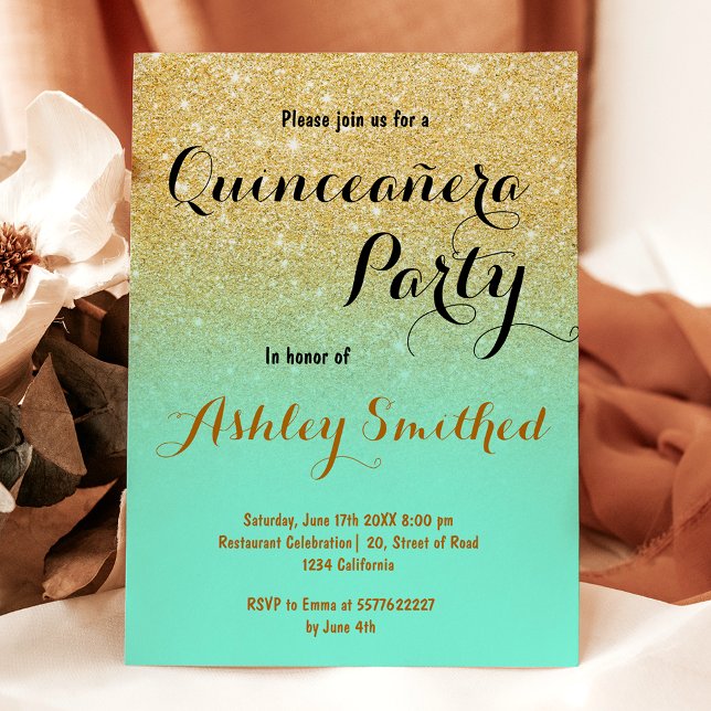 Invitation Moderne et girly or scintillant vert menthe Quince (Modern girly gold glitter mint green Quinceañera Invitation)