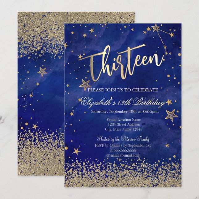 Invitation Moderne Faux Gold Diamonds Etoiles Bleu Treize (Devant / Derrière)