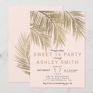 Invitation Moderne faux or palmier élégant rose Sweet 16