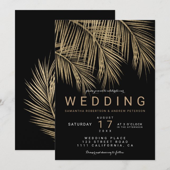 Invitation Moderne faux palmier or élégant mariage noir (Devant / Derrière)