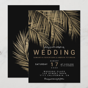Invitation Moderne faux palmier or élégant mariage noir
