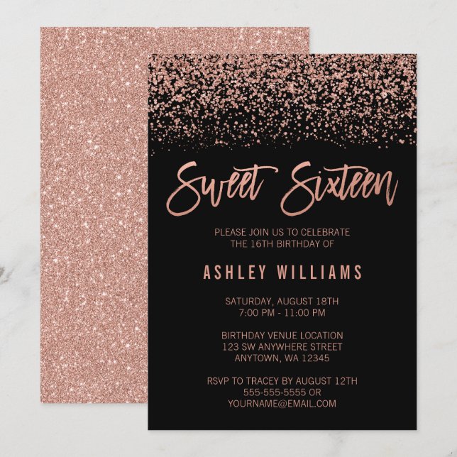Invitation Moderne Faux Rose Gold Parties scintillant noire S (Devant / Derrière)