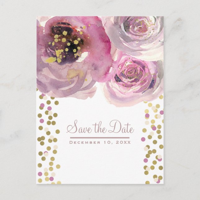 Invitation moderne fleurs aquarelle rose et or (Devant)