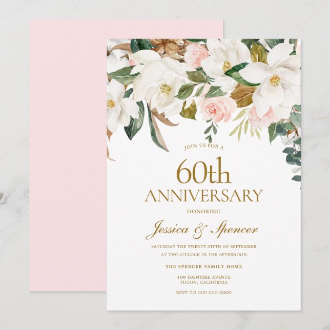 Invitation Moderne Floral Blanc Rose 60e Anniversaire de Mari (Devant / Derrière)