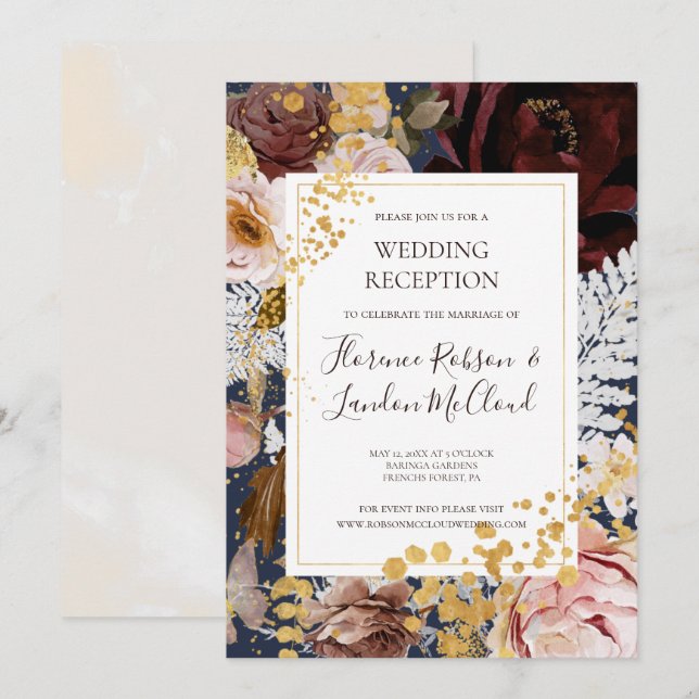 Invitation Moderne Floral Blush | Réception de mariage Navy (Devant / Derrière)