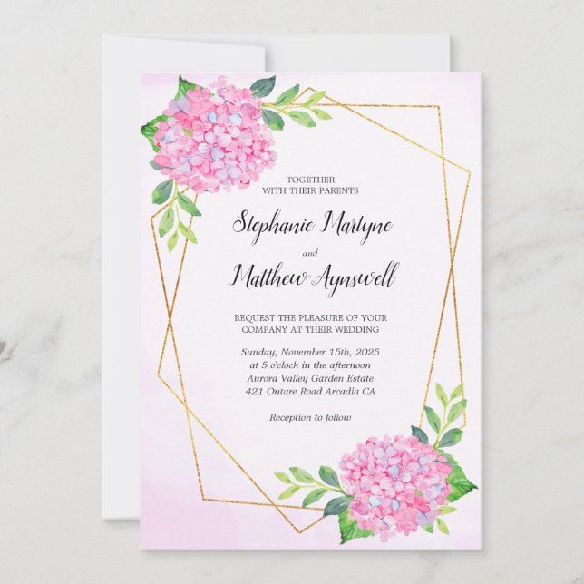 Invitation Moderne Floral Géométrique Rose Hydrangea Mariage (Devant)