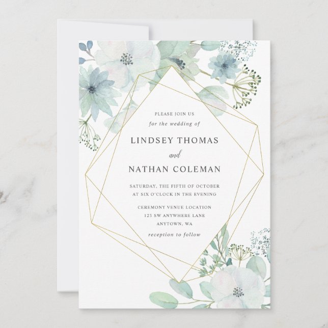 Invitation Moderne Floral Greenery Or Mariage géométrique (Devant)