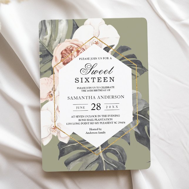 Invitation Moderne Floral Khaki Feuilles tropicaux & orchidée (Créateur téléchargé)