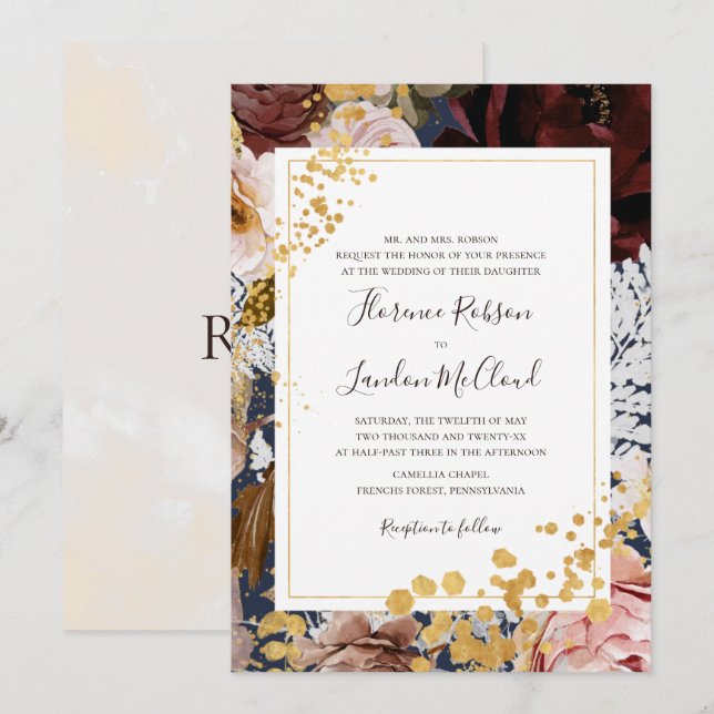 Invitation Moderne Floral Marine Mariage traditionnel cadre (Devant / Derrière)