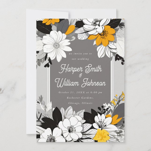 Invitation Moderne floral noir, blanc, jaune mariage (Devant)