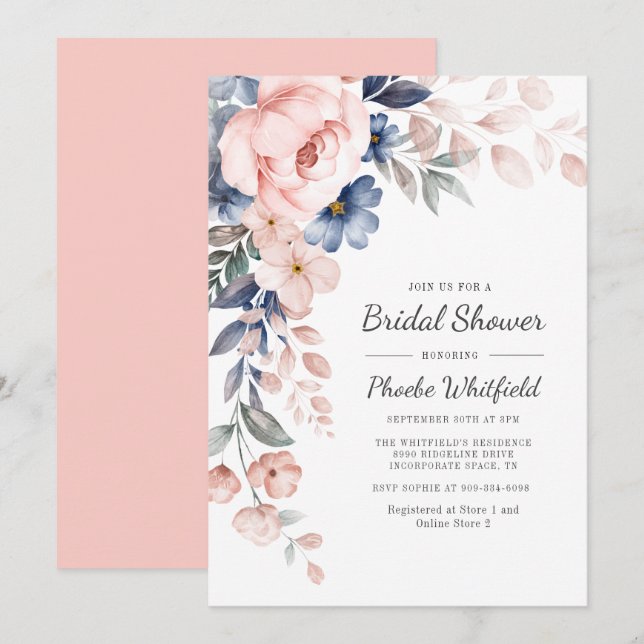 Invitation Moderne Floral Rustique Fête des mariées bleu rose (Devant / Derrière)