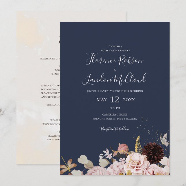 Invitation Moderne Floral Simple Marine Tout en un Mariage (Devant / Derrière)