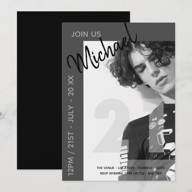 Invitation Moderne Fun 21e | Photographie d'anniversaire Invi (Devant / Derrière)