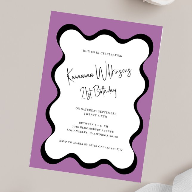 Invitation moderne fun ondulé 21e anniversaire (modern fun fully ediatble wavy border 21st birthday invitation )
