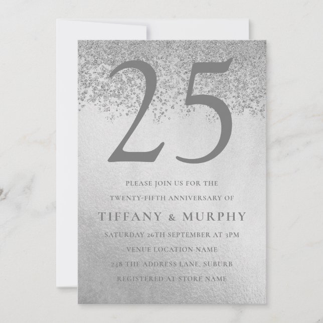 Invitation Moderne Glitter Argent 25e Anniversaire de Mariage (Devant)