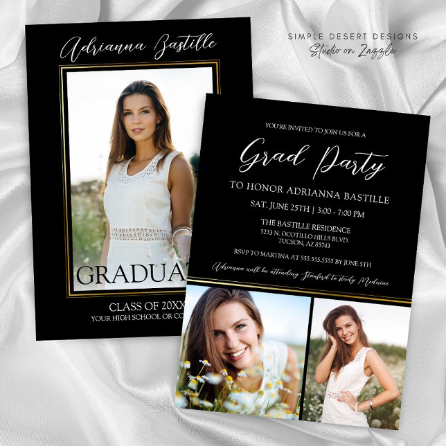 Invitation Moderne Gold 3 Photo Calligraphy Gradugraphy Party (Elegant Black and Gold Modern Signature Graduation Invitation for High School or College Grad Party)