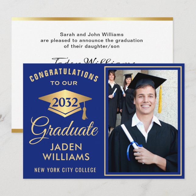 Invitation Moderne Golden Blue PHOTO Graduation (Devant / Derrière)