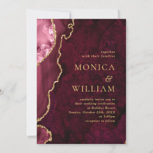 Invitation Moderne Golden Burgundy Marble Agate Mariage