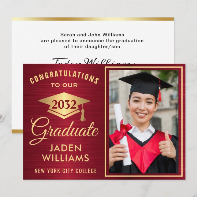 Invitation Moderne Golden Red PHOTO Graduation (Devant / Derrière)
