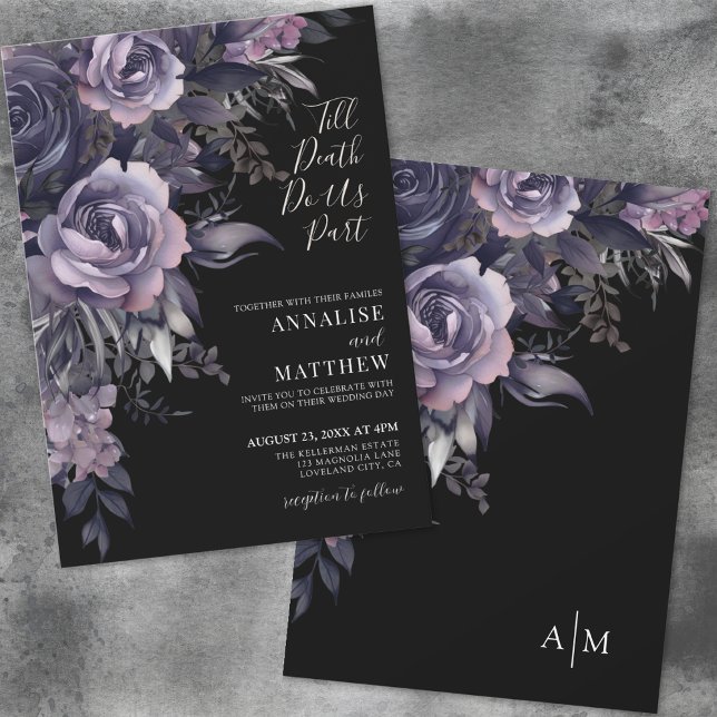Invitation Moderne gothique Floral Mariage noir (Modern Gothic Floral Black Wedding Invitation)