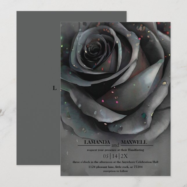 Invitation Moderne gothique Rose noir Moody élégant à la main (Devant / Derrière)